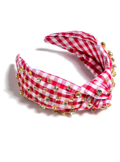 Embellished Gingham Knotted Headband, Red