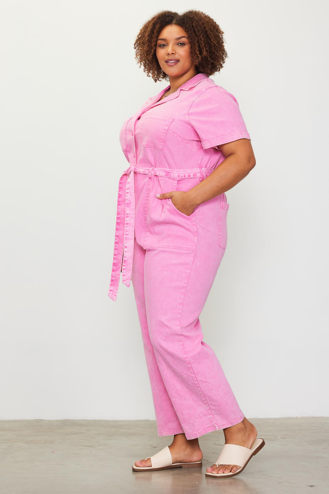 Malibu Girl Washed Utility Jumpsuit, Pink