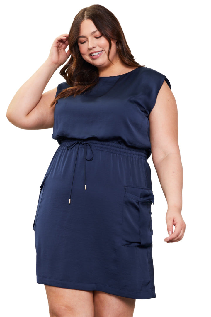 One For The Books Navy Satin Muscle Sleeve Dress