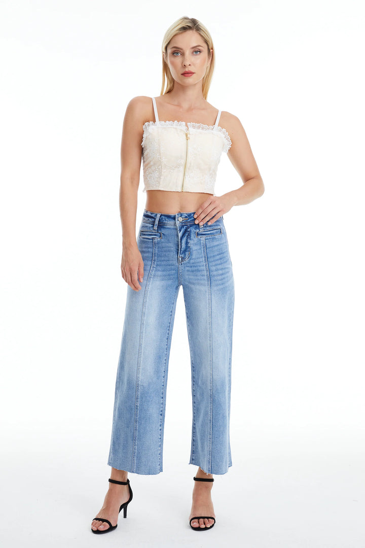 High Rise Wide Leg Jean w Raw Hem, Ice Blue