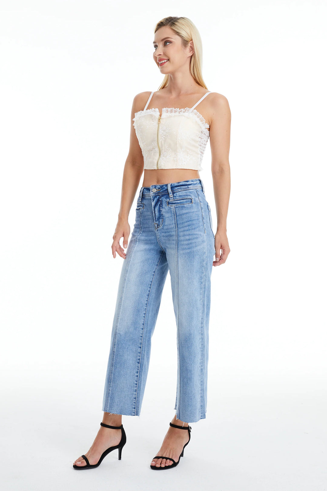 High Rise Wide Leg Jean w Raw Hem, Ice Blue