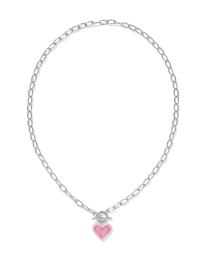 Ari Silver Heart Chain Necklace, Pink Iridescent Glitter