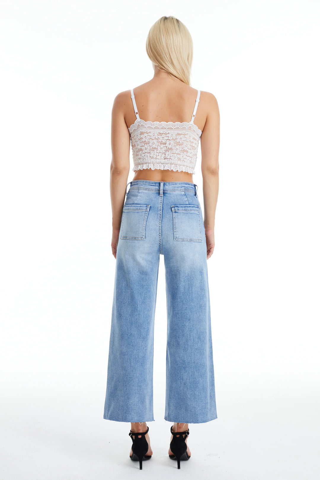 High Rise Wide Leg Jean w Raw Hem, Ice Blue