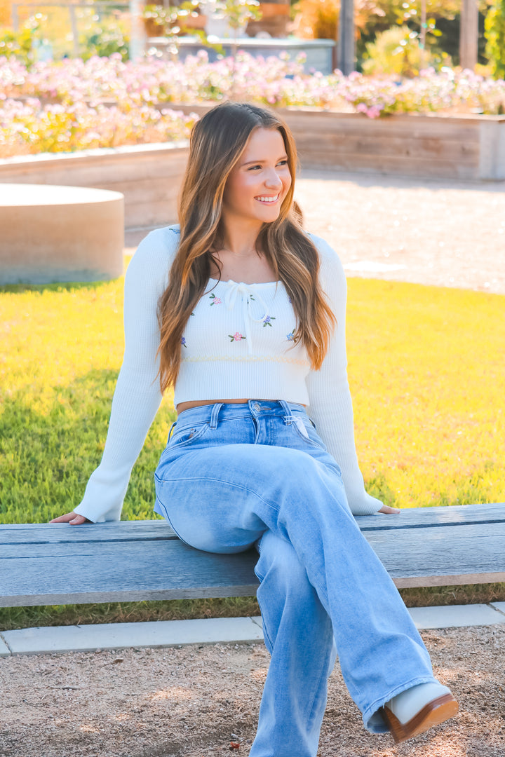 Little Miss Daisy Waffle Knit Floral Sweater, Cream