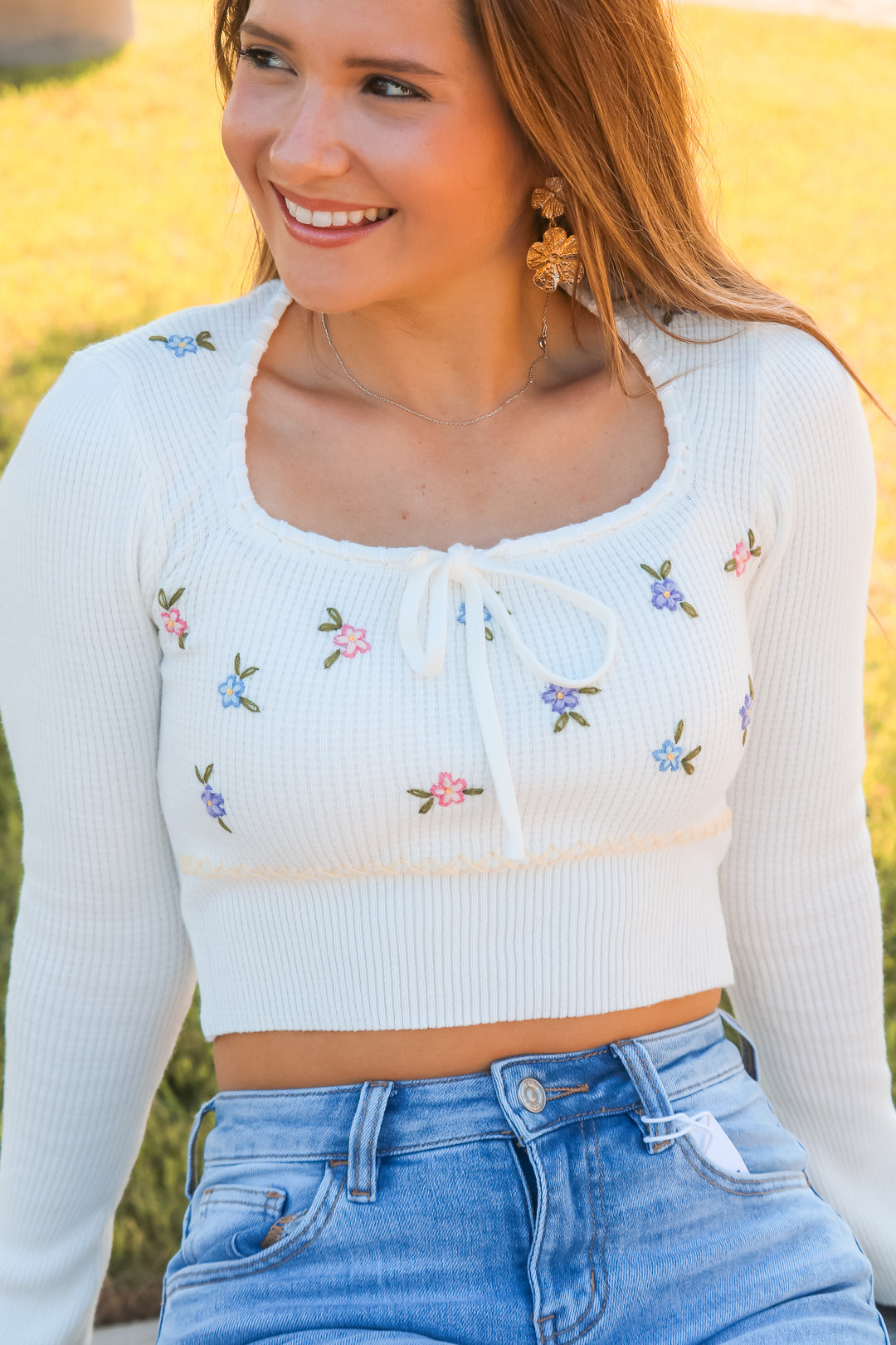 Little Miss Daisy Waffle Knit Floral Sweater, Cream