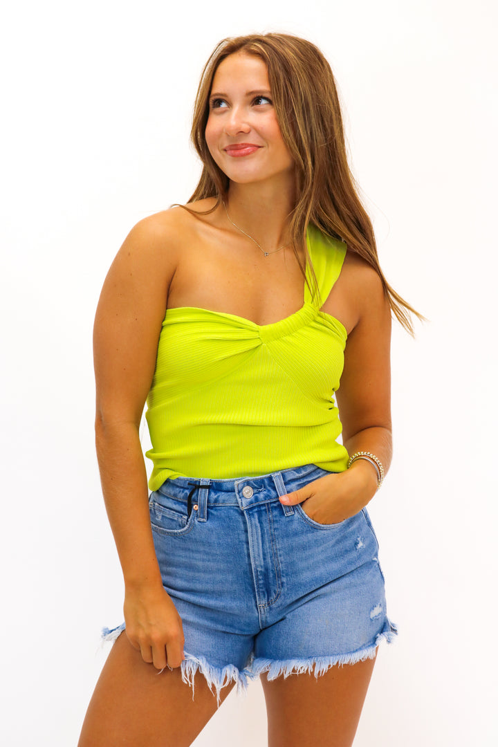 Brie One Shoulder Sweater Top, Neon Yellow