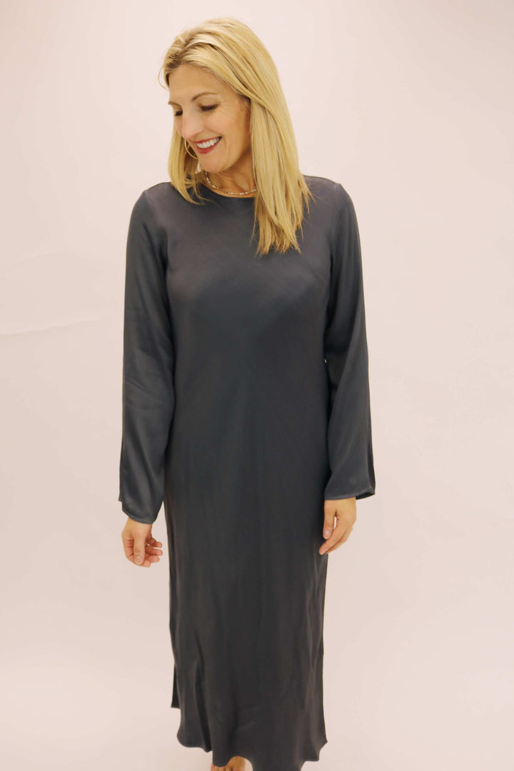 Bias Long Sleeve Slip Dress, Odyssey Grey