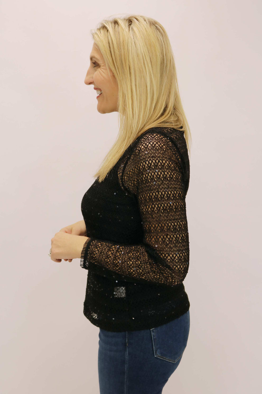 Long Sleeve Crochet Top, Black