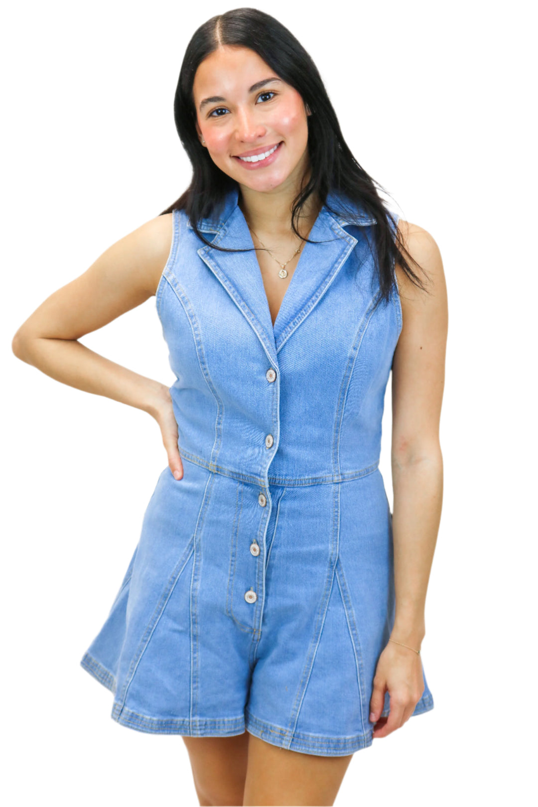 Off To The Races Denim Romper