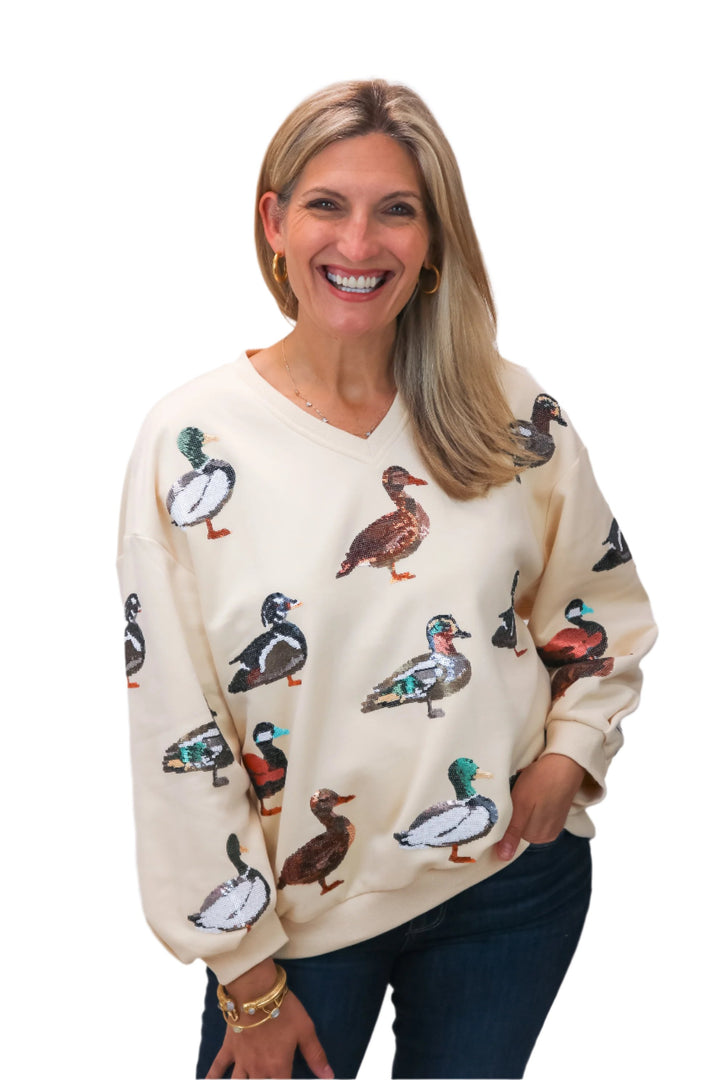 Beige V Neck Scattered Duck Sweatshirt