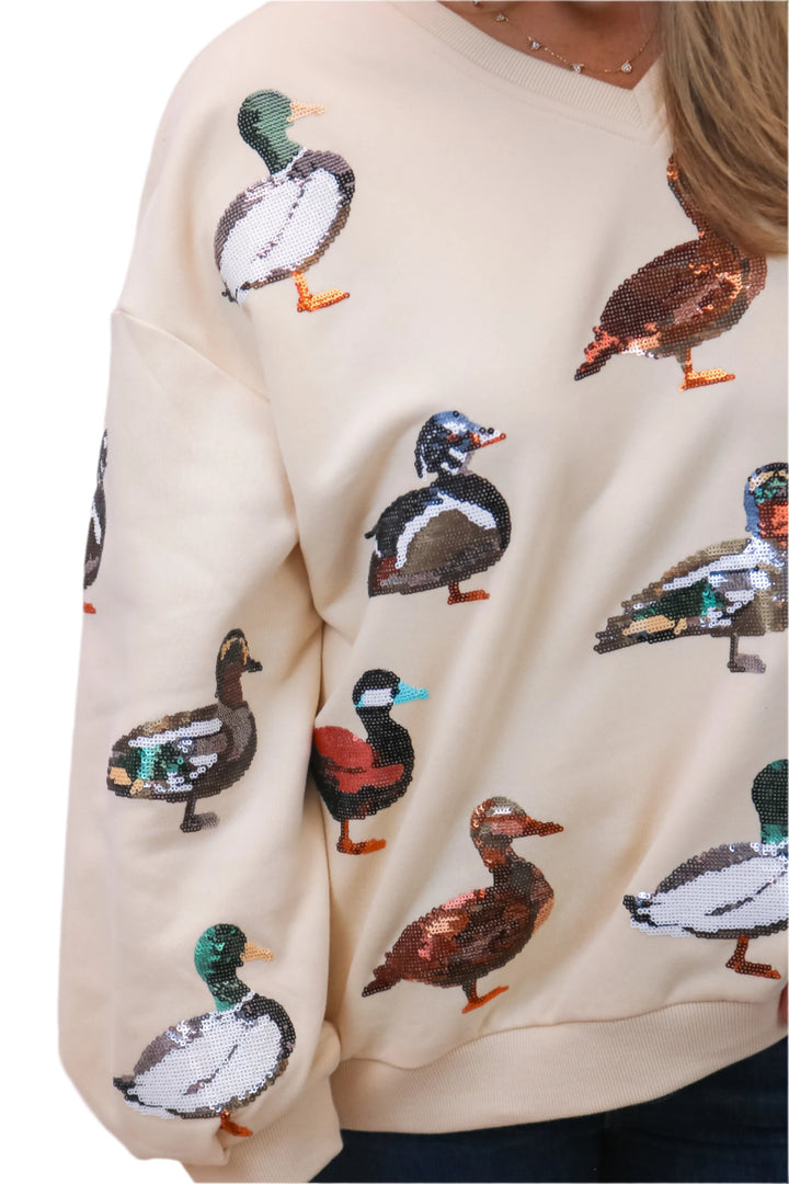 Beige V Neck Scattered Duck Sweatshirt