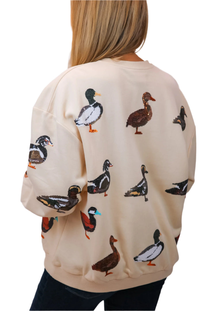 Beige V Neck Scattered Duck Sweatshirt