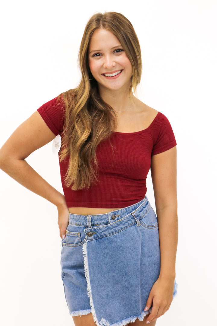 Learn to Fly Ribbed Off Shoulder Top, Maroon