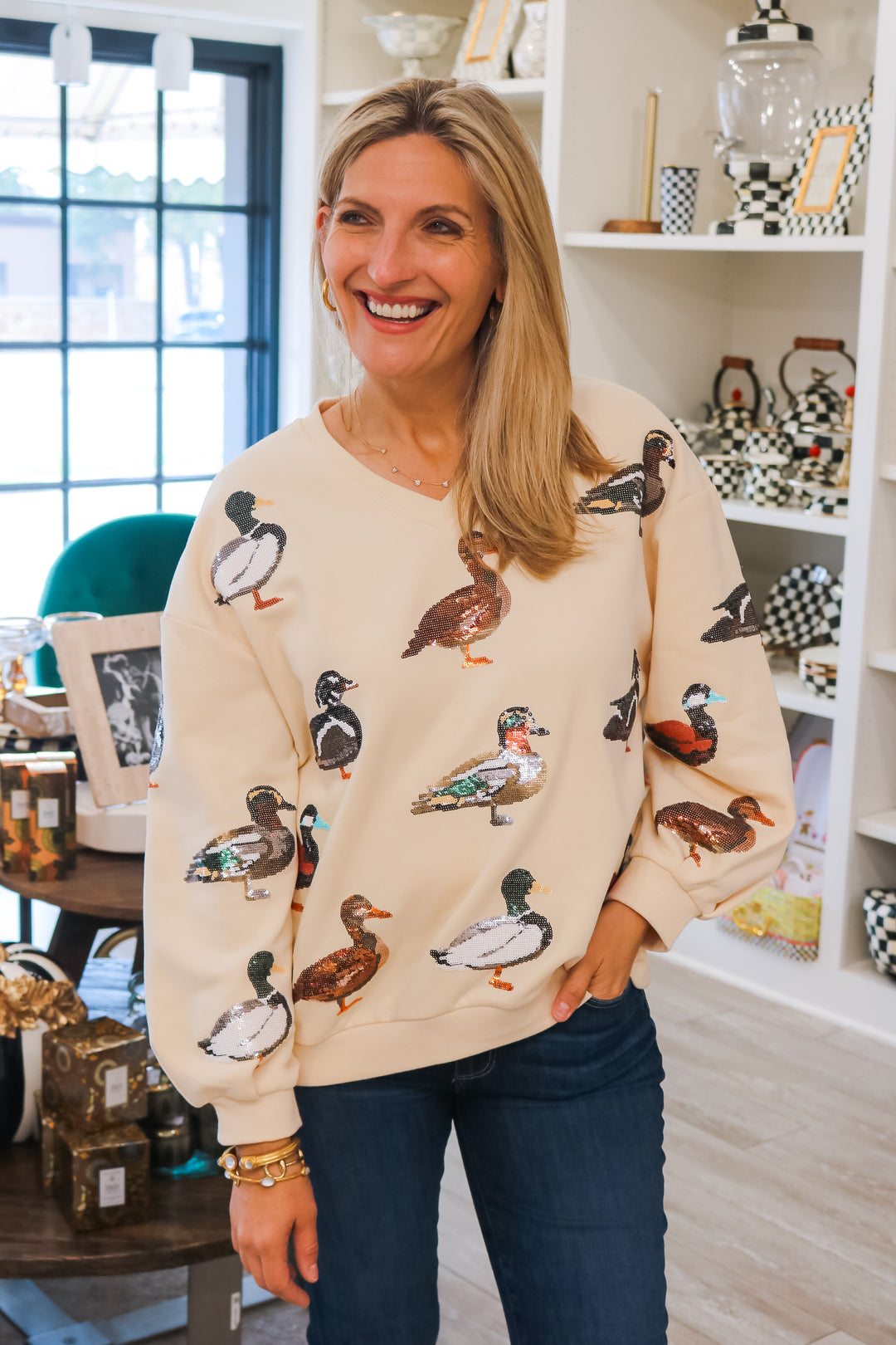 Beige V Neck Scattered Duck Sweatshirt