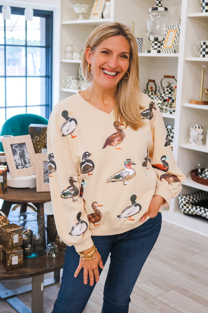 Beige V Neck Scattered Duck Sweatshirt