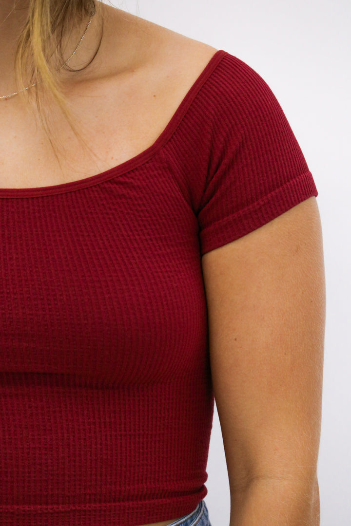 Learn to Fly Ribbed Off Shoulder Top, Maroon