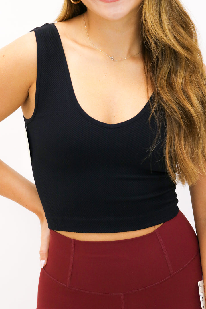 On Repeat V Neck Cropped Tank, Black