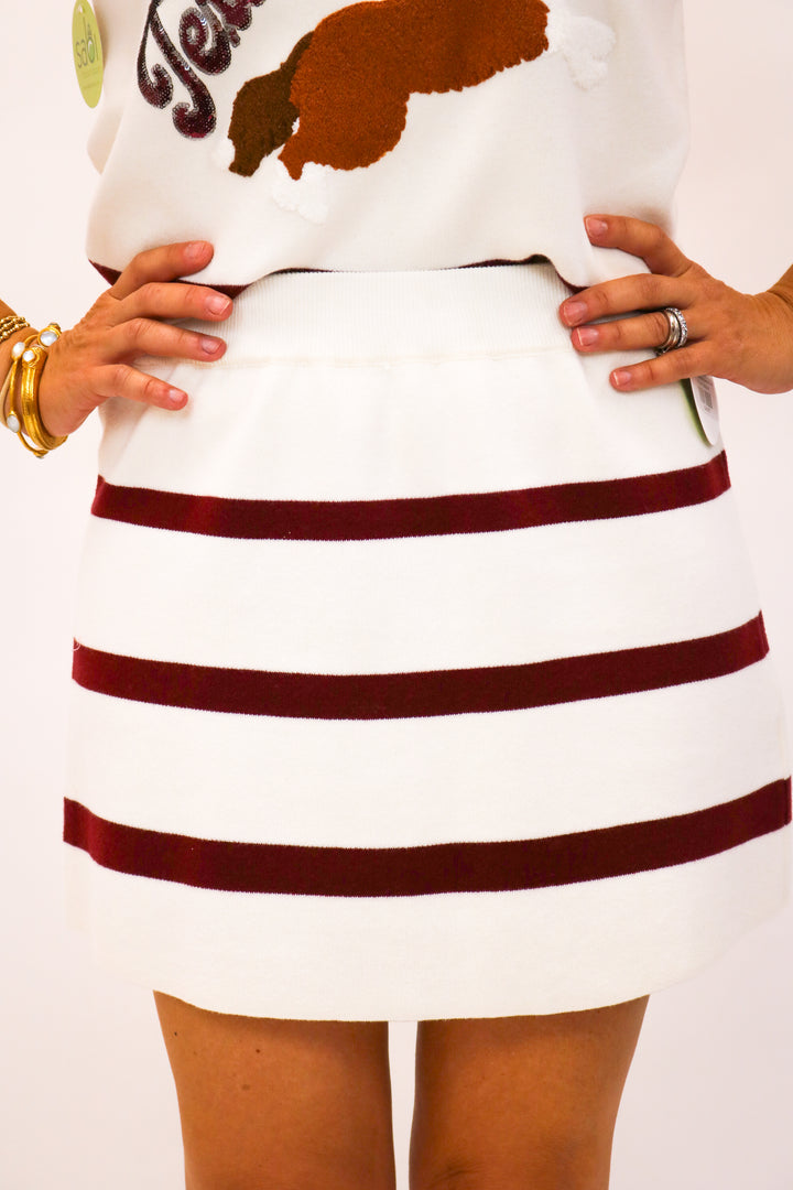 Maroon & White Striped Sweater Mini Skirt