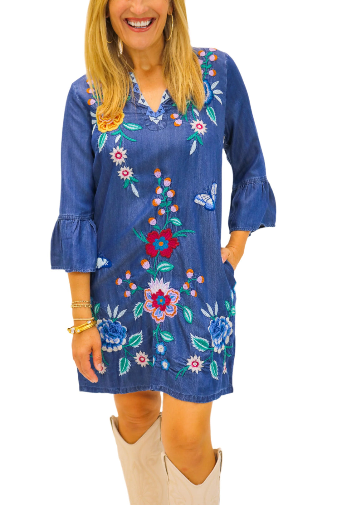 Taymia Ruffle Sleeve Dress, Denim Blue