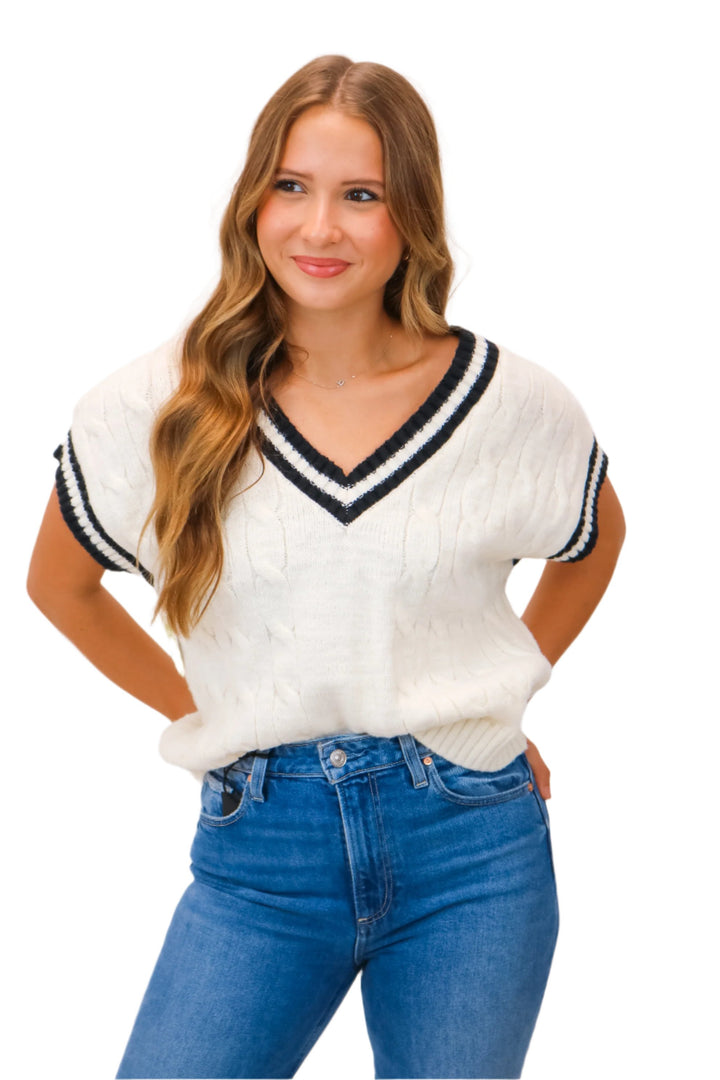 Here For You Cableknit Short Sleeve Sweater, Cream