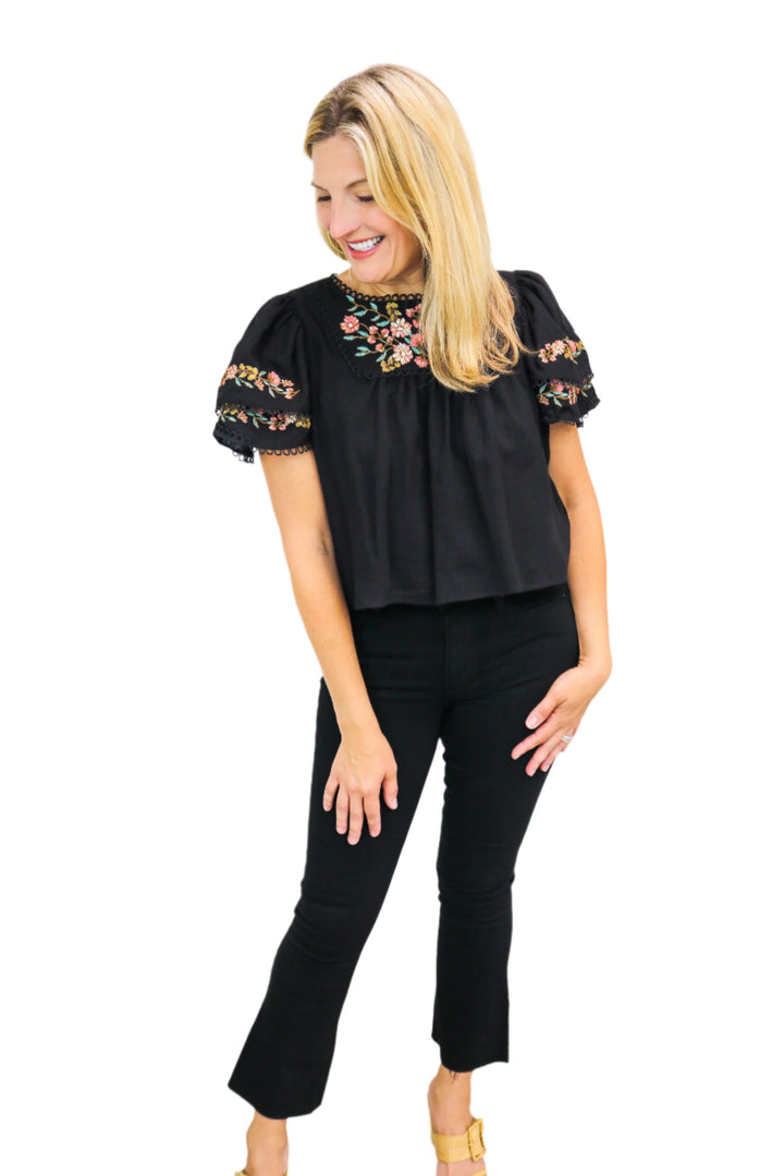 Emmy Embroidered Top, Black