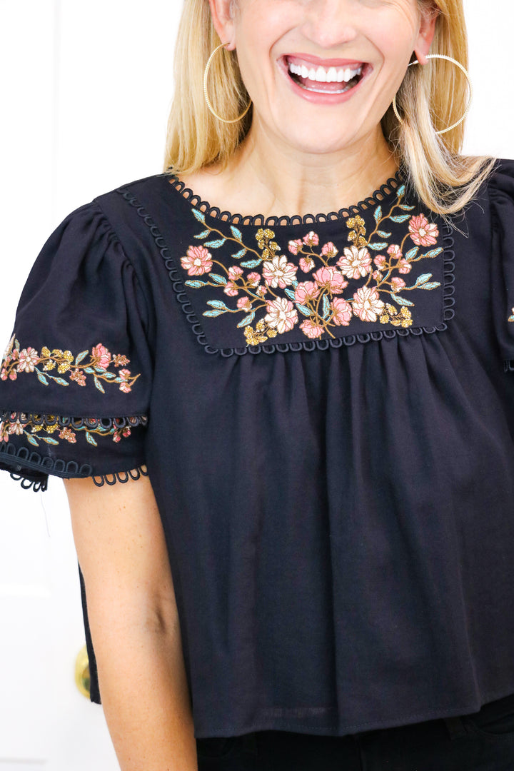 Emmy Embroidered Top, Black