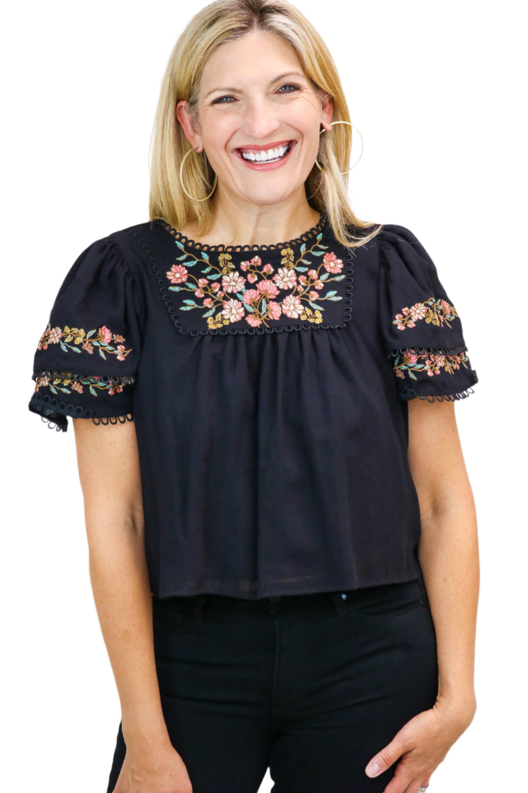 Emmy Embroidered Top, Black