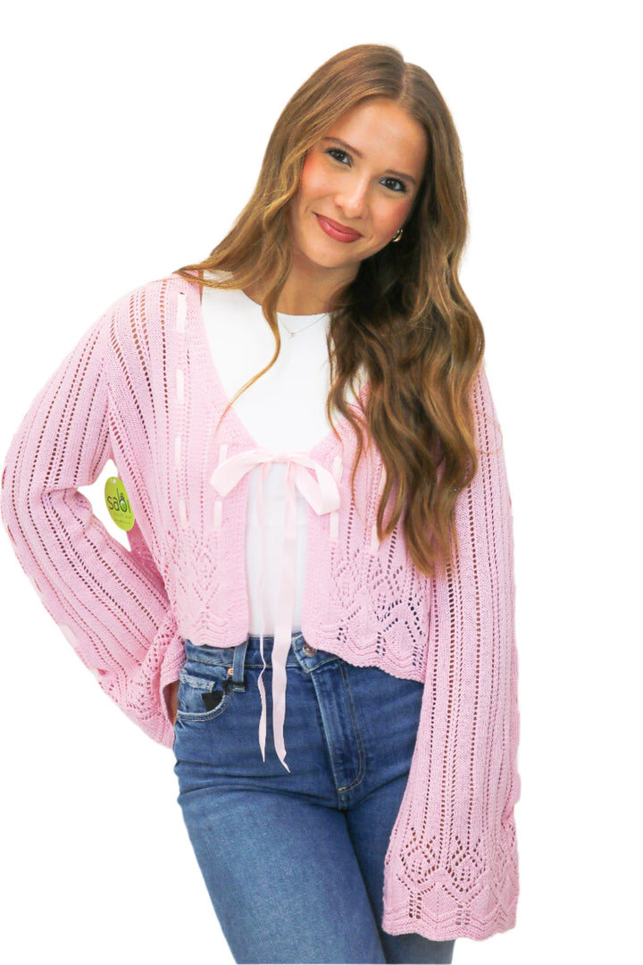 Daphne Laced Ribbon Cardigan, Pink