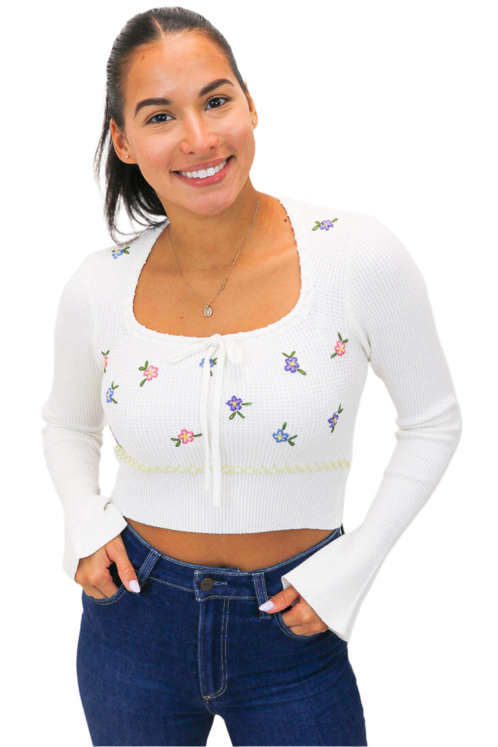 Little Miss Daisy Waffle Knit Floral Sweater, Cream