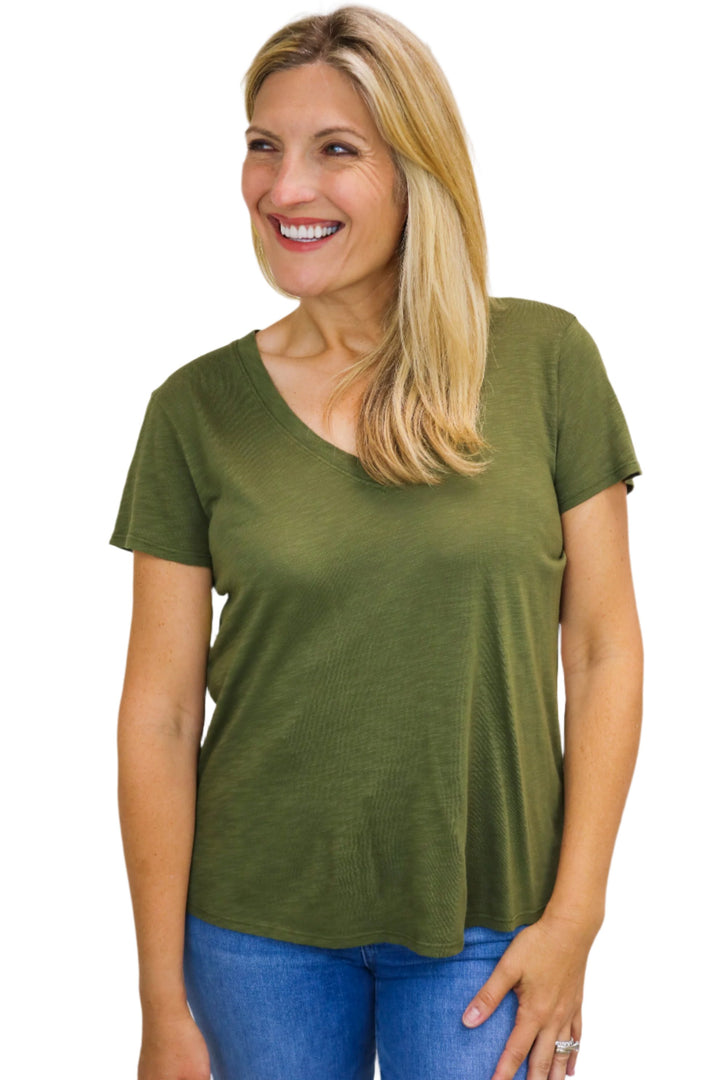 Side Slit V-Neck Tee, Italian Herb