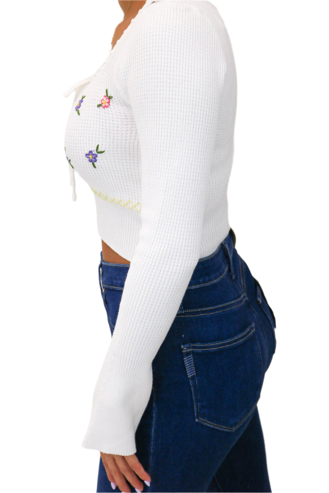 Little Miss Daisy Waffle Knit Floral Sweater, Cream