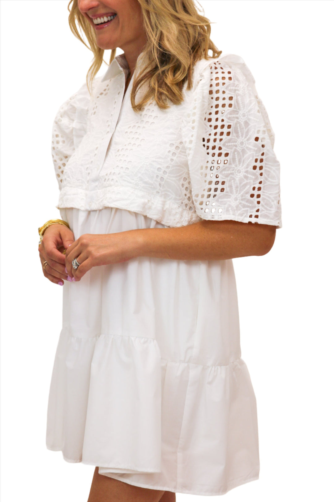 Delicate Touch Eyelet Babydoll Dress, White