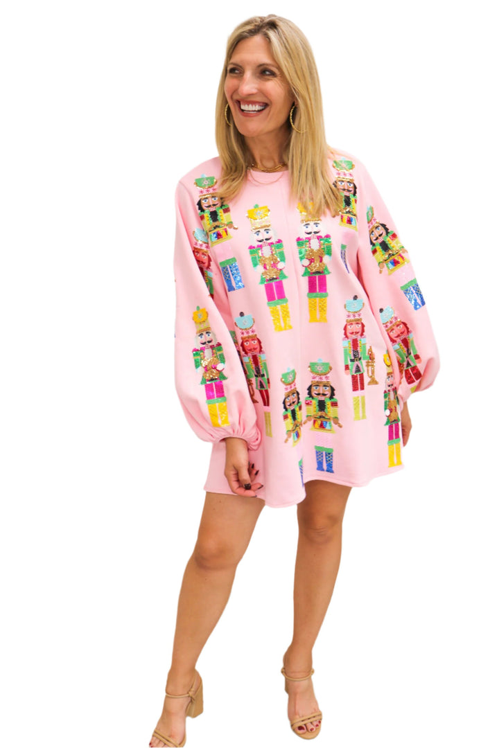 Nutcracker Balloon Sleeve Sweatshirt Dress, Light Pink