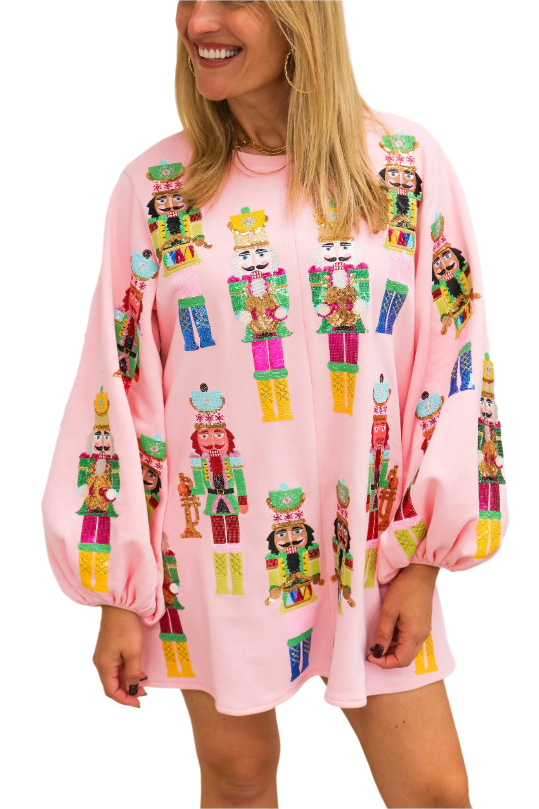 Nutcracker Balloon Sleeve Sweatshirt Dress, Light Pink