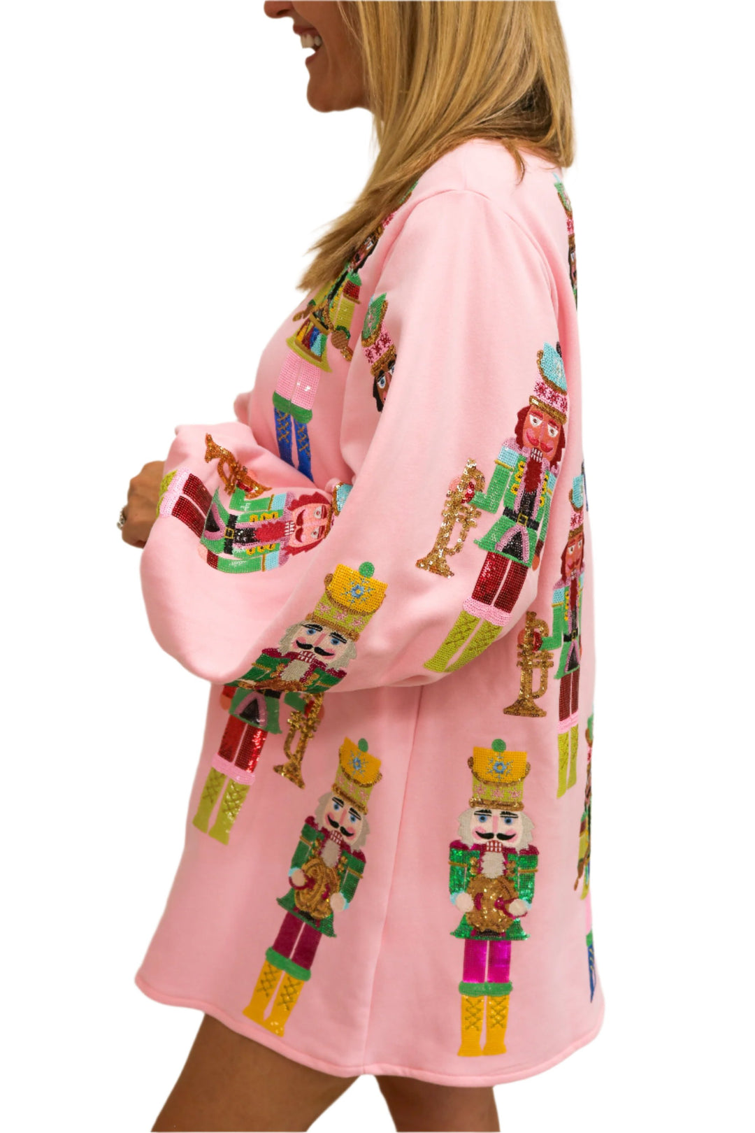 Nutcracker Balloon Sleeve Sweatshirt Dress, Light Pink