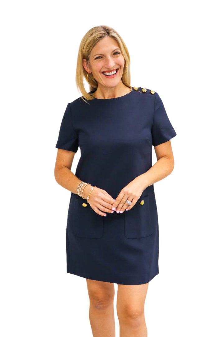 Down To Business Gold Buttoned Navy Dress