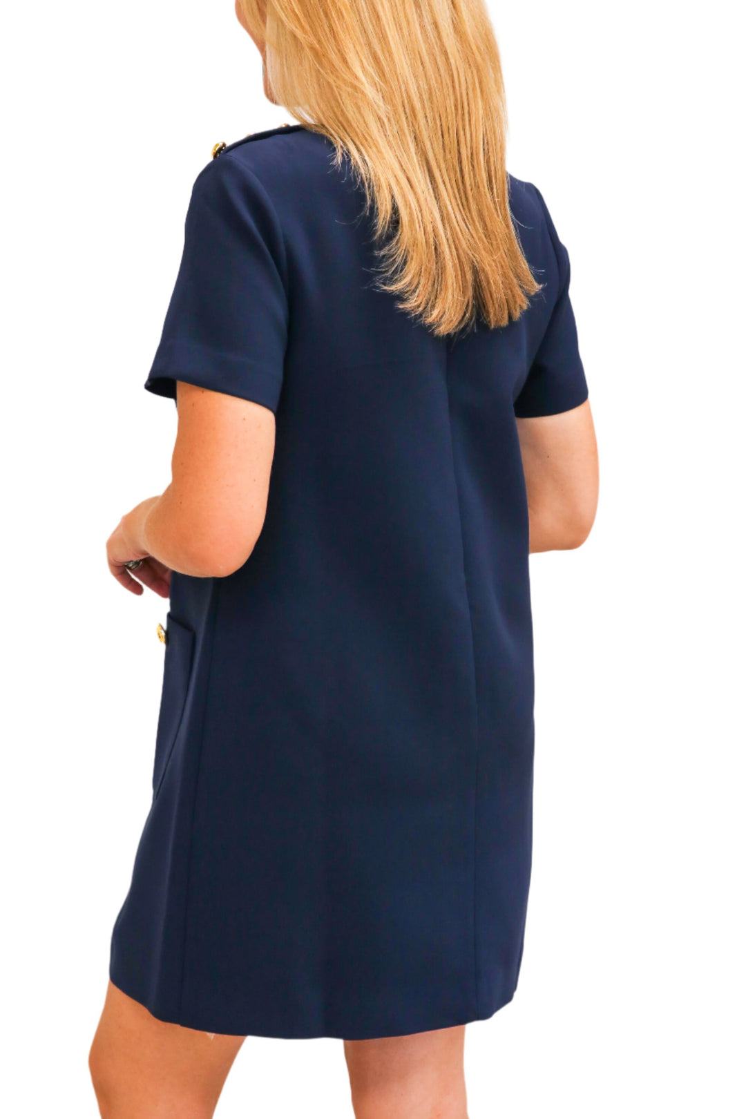 Down To Business Gold Buttoned Navy Dress