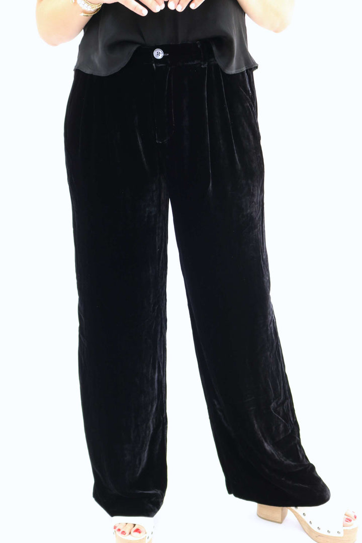 Velvet Pleated Wide Leg Trouser, Black