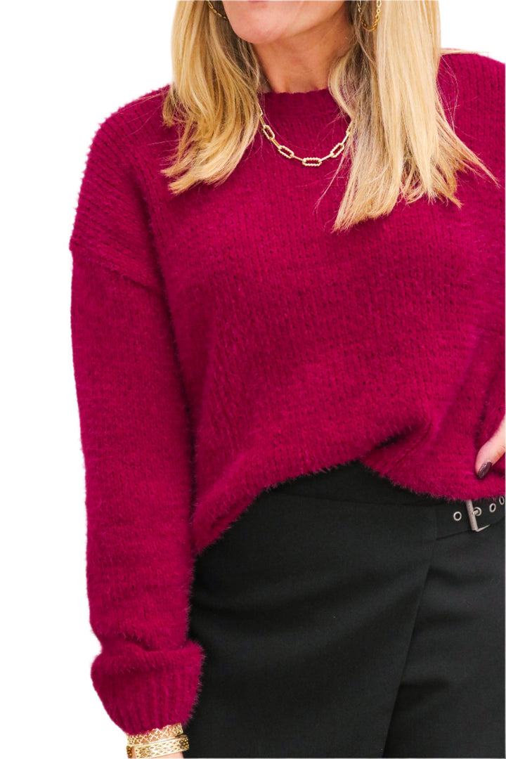 Drop Shoulder Fuzzy Chenille Sweater, Deep Plum