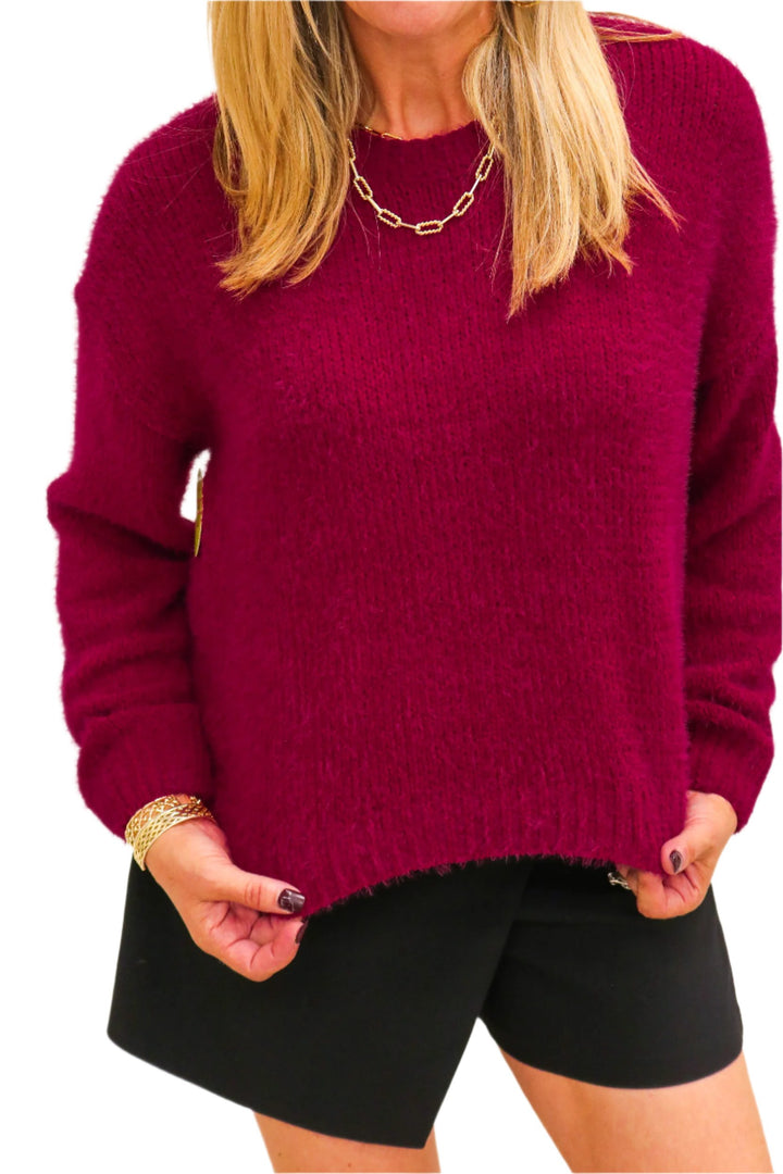 Drop Shoulder Fuzzy Chenille Sweater, Deep Plum