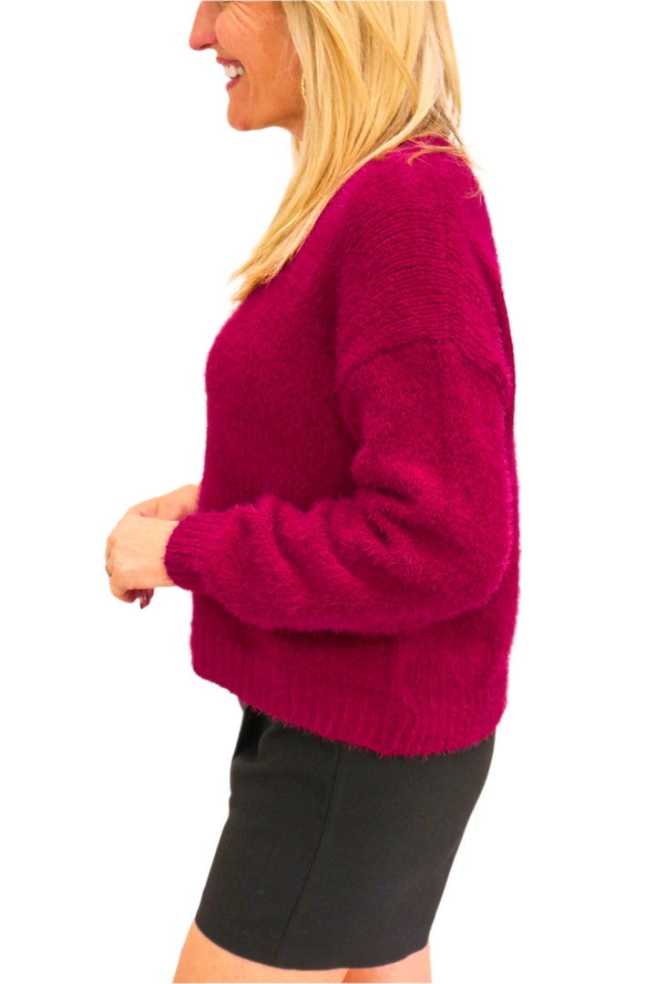 Drop Shoulder Fuzzy Chenille Sweater, Deep Plum