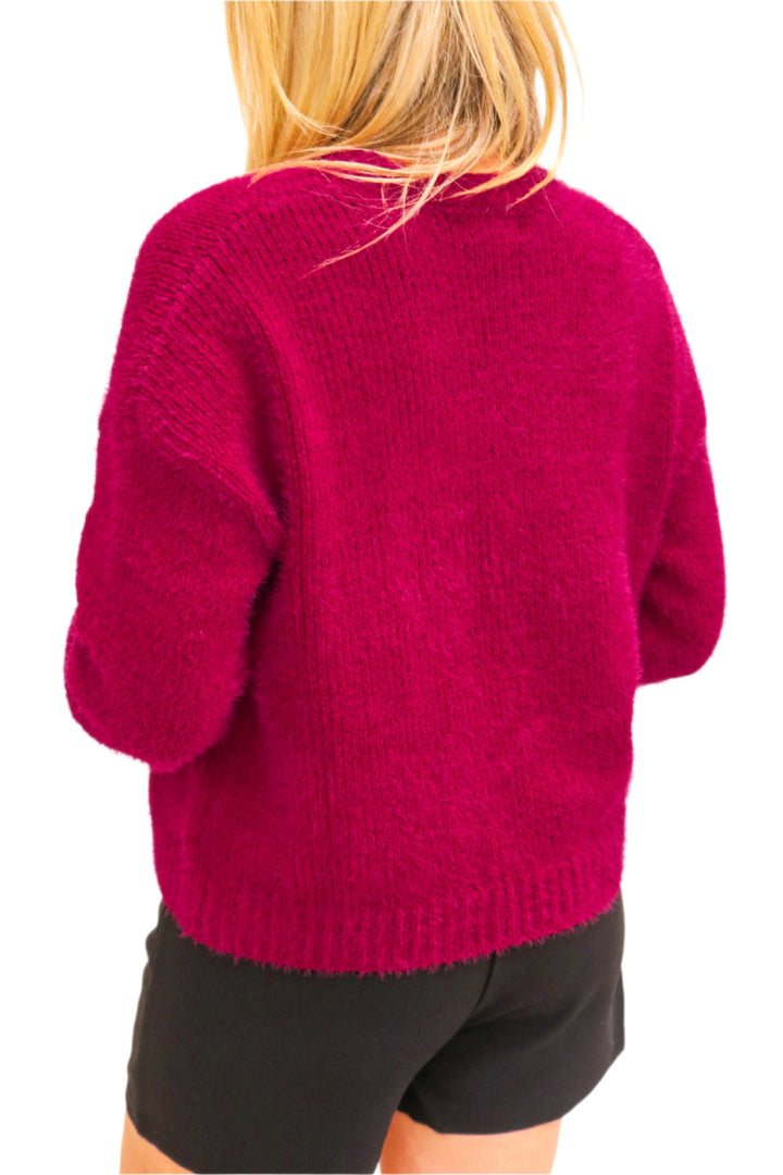 Drop Shoulder Fuzzy Chenille Sweater, Deep Plum