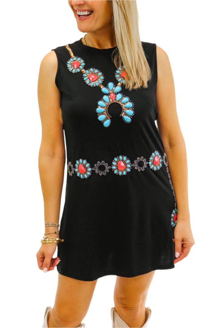 Black Turquoise Necklace & Belt Tank Dress