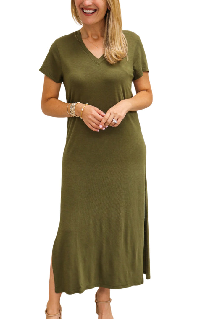 Knit V-Neck Maxi Dress, Italian Herb