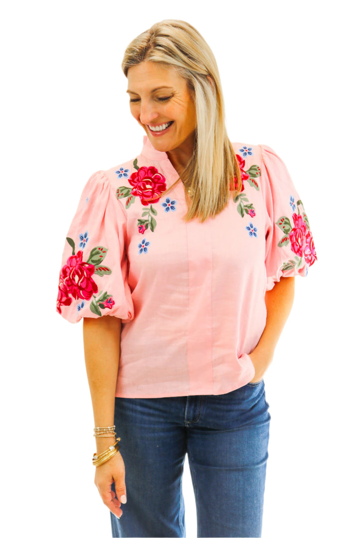 Delilah Embroidered Linen Top, Pink