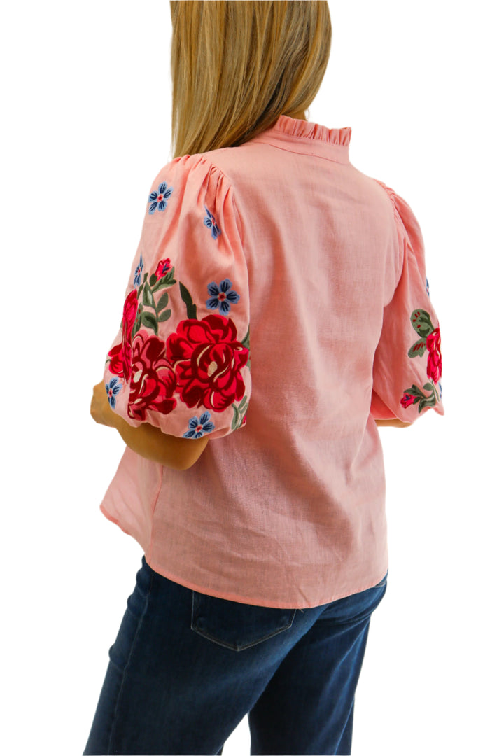 Delilah Embroidered Linen Top, Pink