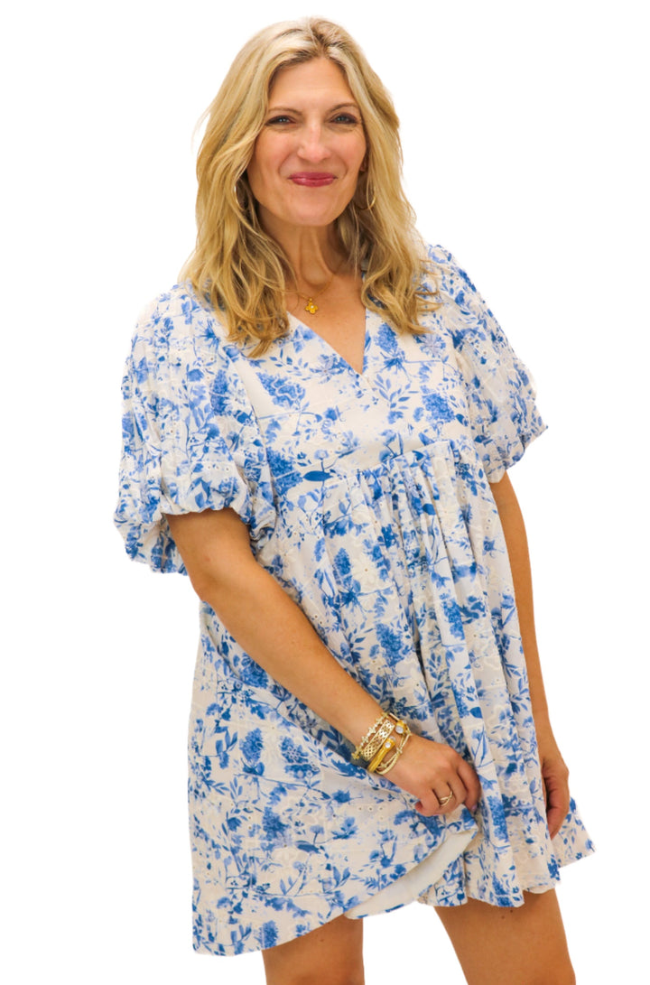 Misty Mornings Eyelet Floral Dress, Blue