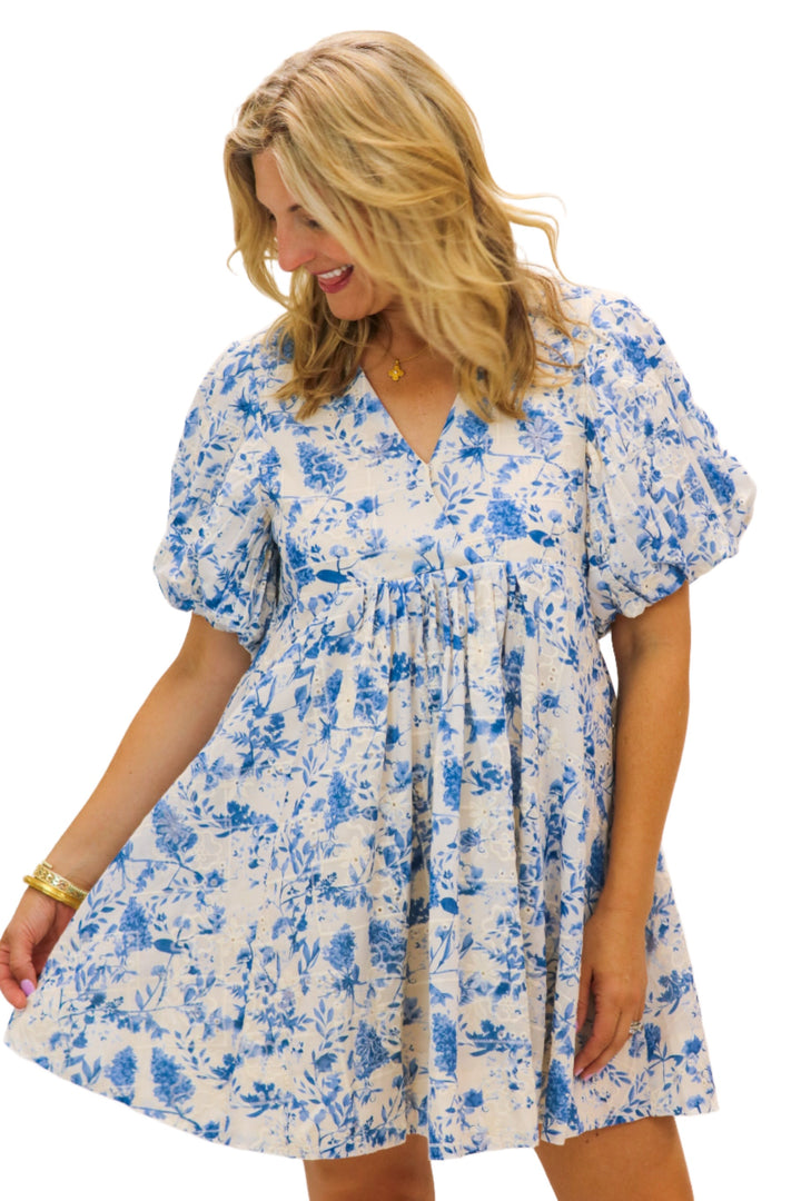 Misty Mornings Eyelet Floral Dress, Blue