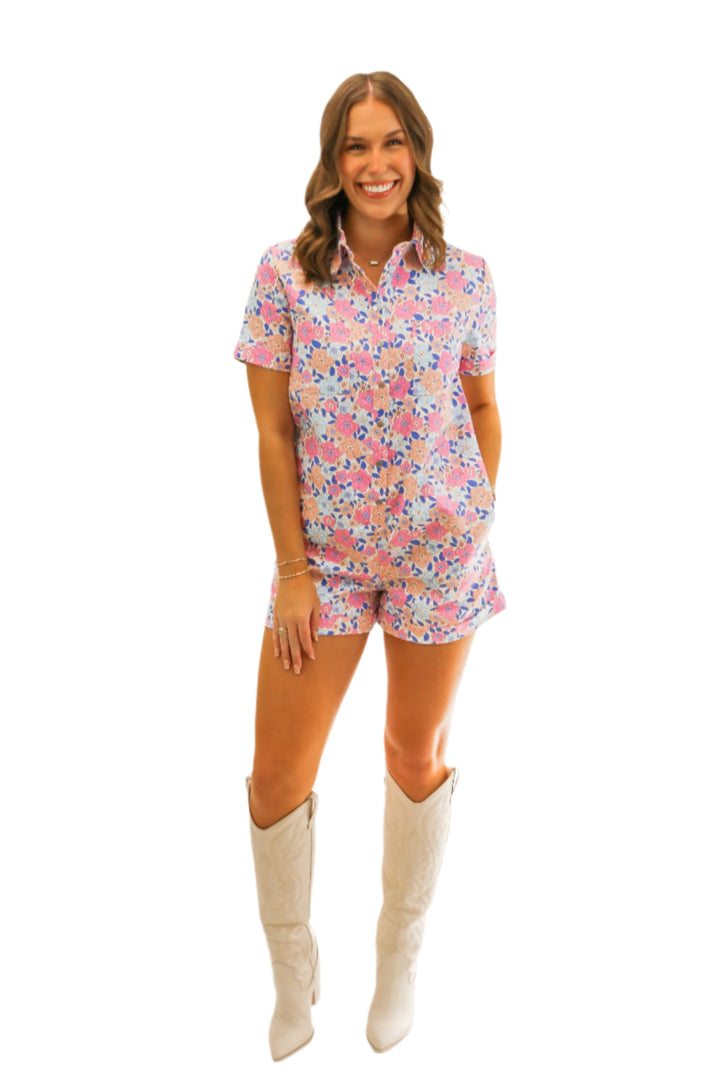 Born to Run Floral Denim Romper, Pink