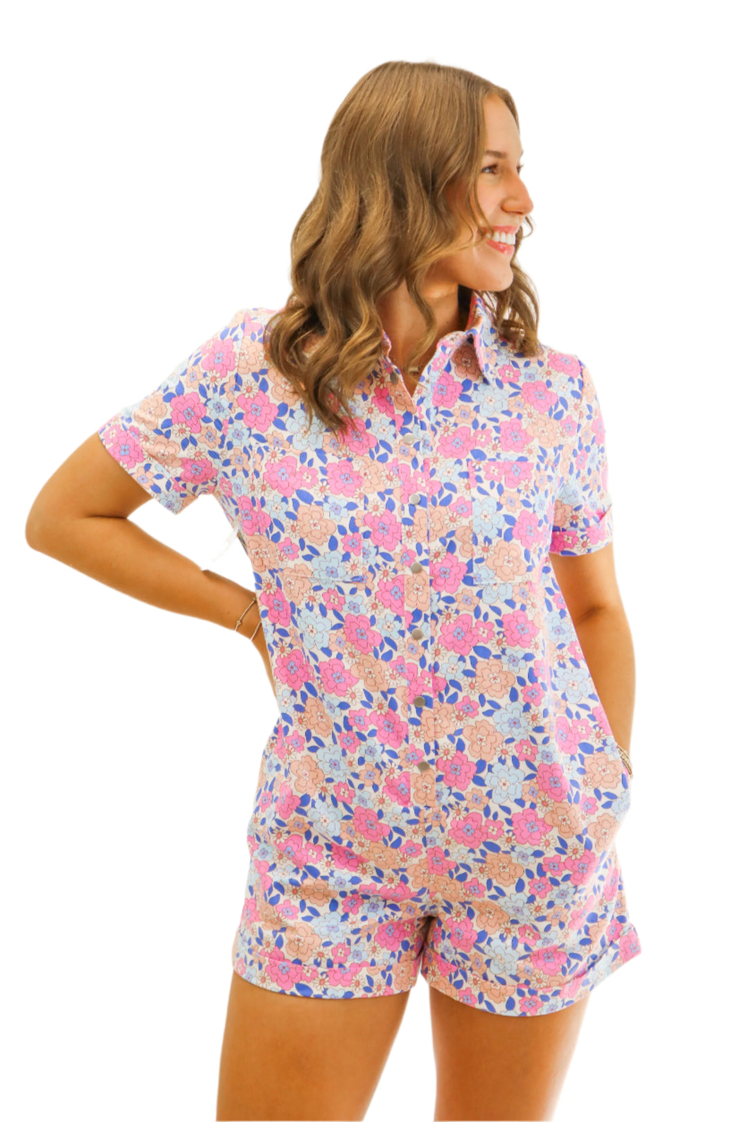 Born to Run Floral Denim Romper, Pink